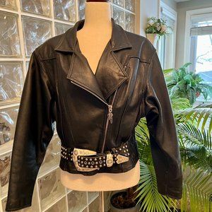 Vintage Women's Studded Harley Davidson Leather Jacket with Mother-of-Pearl belt